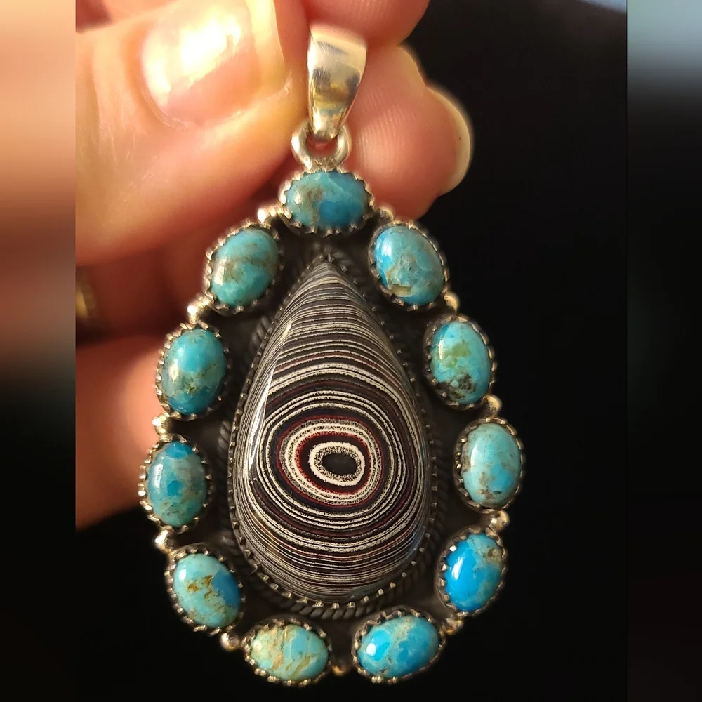 Gorgeous Turquoise and Fordyte Solid Sterling Silver Pendant